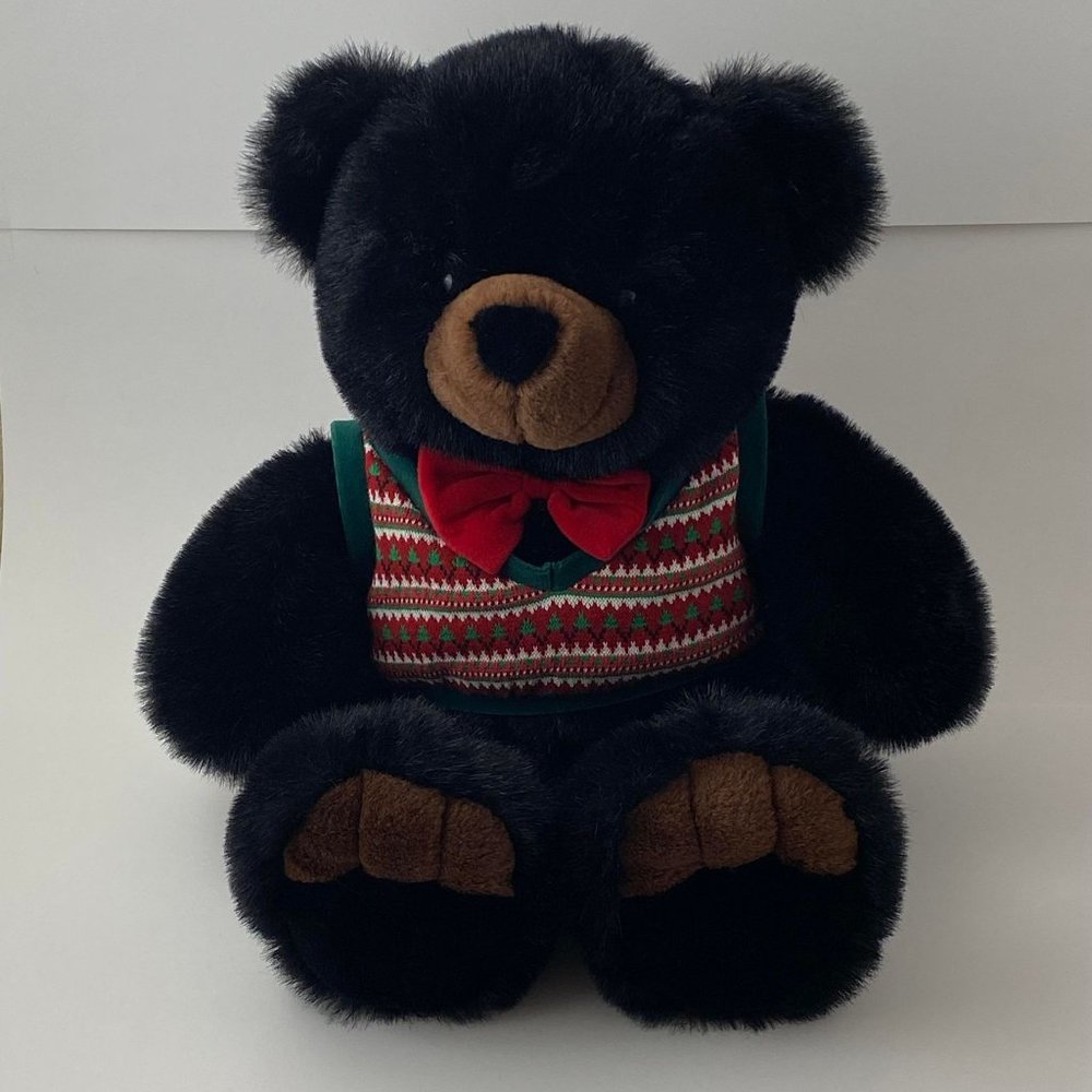 Vintage Large 23" Black Teddy Bear Plush With Christmas Sweater & Bow Tie